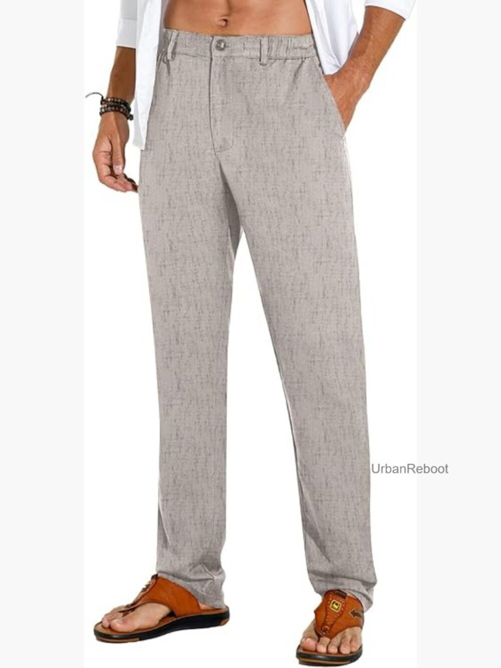 Men's Linen Casual Pants Elastic Waist Drawstring Loose Fit Summer
